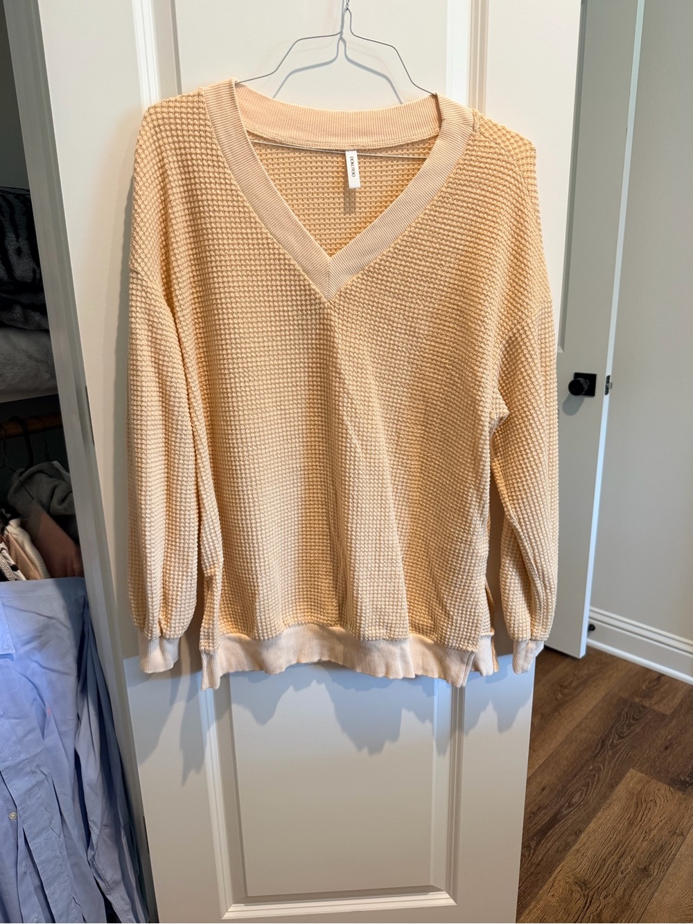 Waffle-Knit V-Neck Sweater in Cream